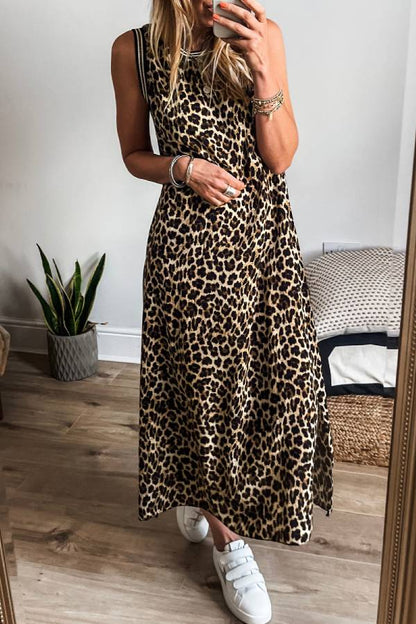 CM | Vestido midi sin mangas con estampado de leopardo a rayas en contraste negro