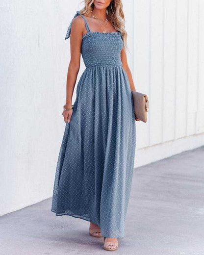 CM | Boho Espagueti Correa Cuello Cuadrado Lunares Bengala Playa Maxi Vestido