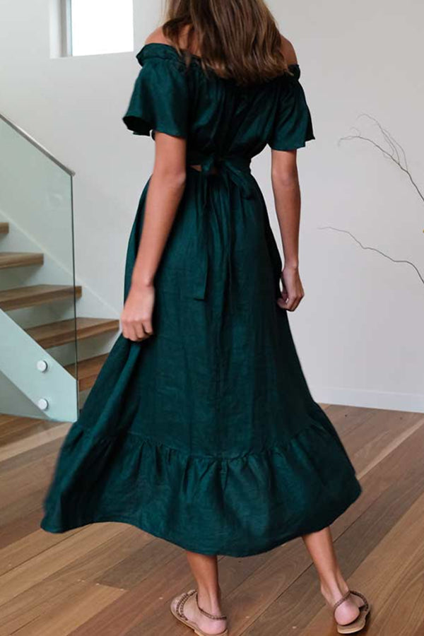 CM | VESTIDO MIDI HOMBROS CAÍDOS CON DOBLADILLO FRUNCIDO