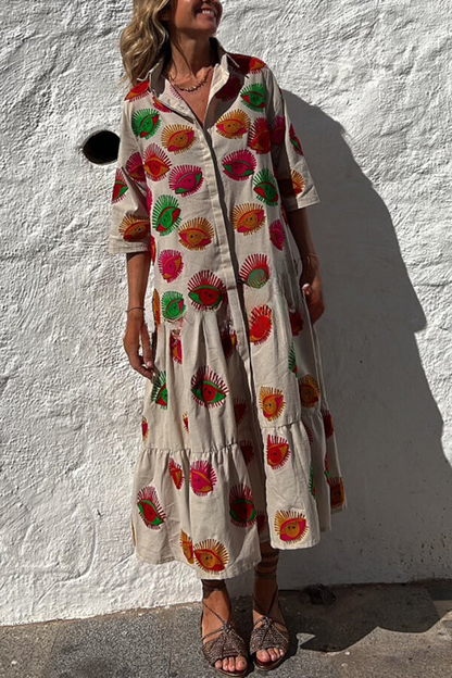 CM | Take Me To Cabo Ethnic Unique Print Botón Camisa Suelta Vestido Midi