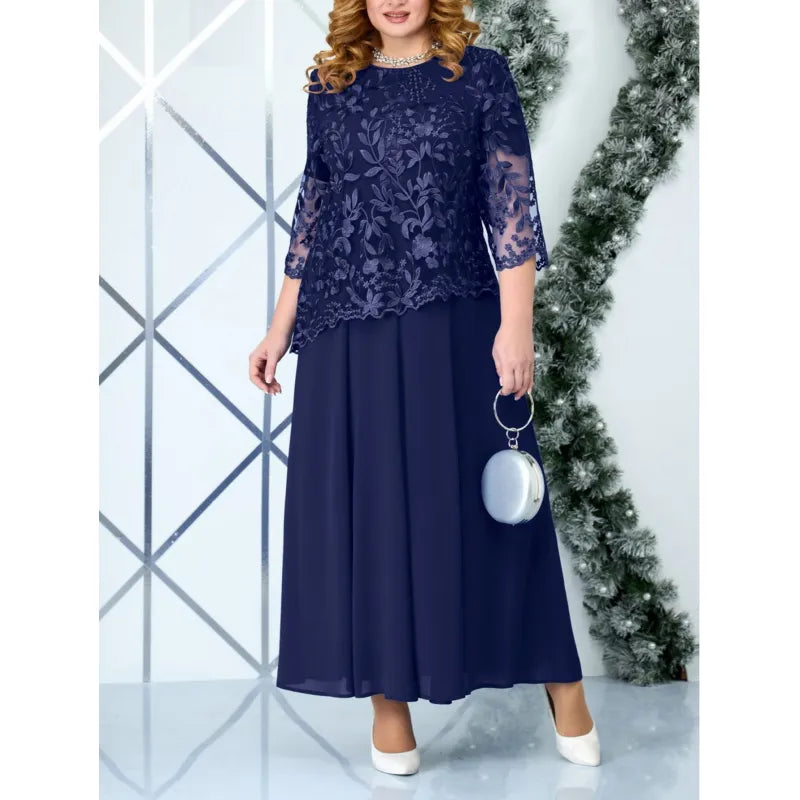 CM | maxi vestido formal de mujer - Corpiño de encaje floral - Corte vaporoso - Mangas 3/4