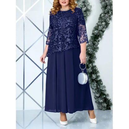 CM | maxi vestido formal de mujer - Corpiño de encaje floral - Corte vaporoso - Mangas 3/4
