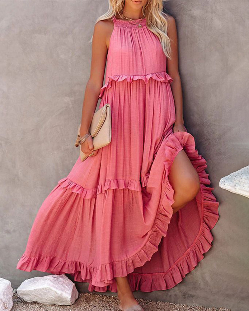 CM | Boho Largo Color Sólido Sin Mangas Halter Ruffle Maxi Vestidos