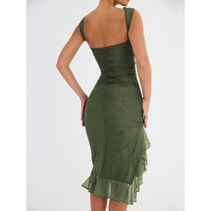 CM | Elegante vestido midi sin espalda con volantes