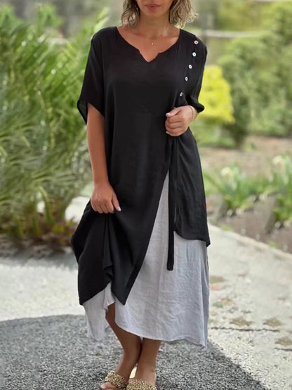 CM | Asimétrico Verano Cuello en V Manga Corta Patchwork Split Loose Casual Tobillo Longitud Vestido Largo
