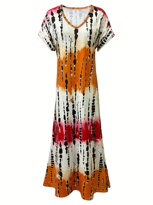 CM | Maxivestido de mujer - Cuello en pico - Estampado abstracto - Mangas cortas - Corte relajado - Aberturas laterales