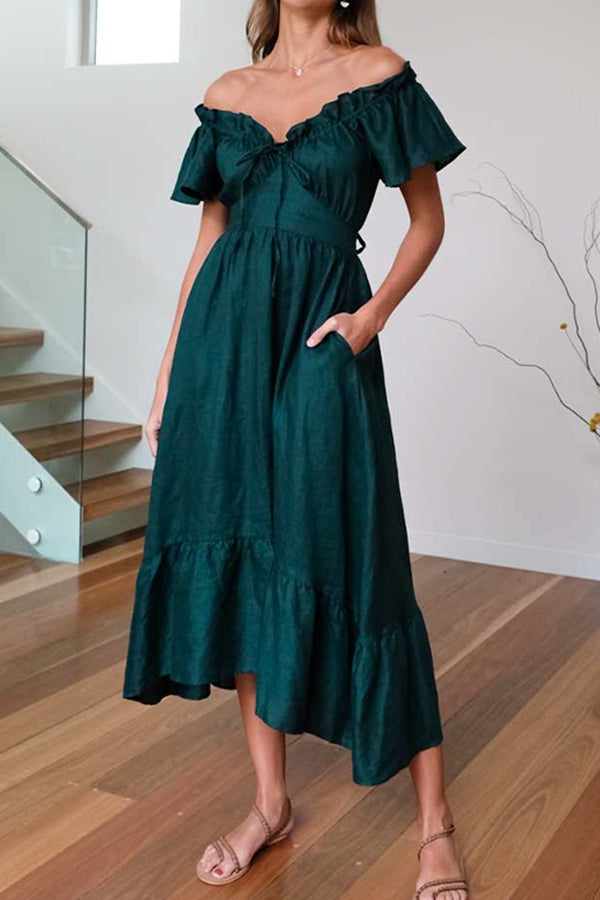 CM | VESTIDO MIDI HOMBROS CAÍDOS CON DOBLADILLO FRUNCIDO