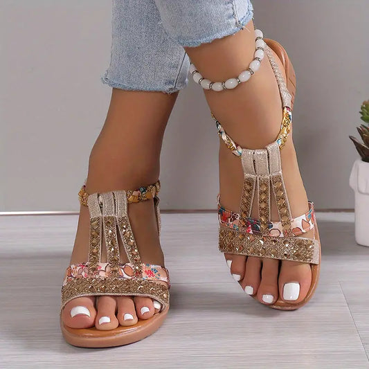 CM | Boho glam sandalias de cuña trenzadas con pedrería