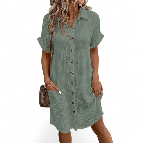 CM | Minivestido informal de manga corta y elegante tapeta de botones