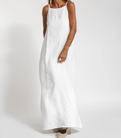 CM | Vestido largo sin mangas de lino y algodón en elegancia monocromática
