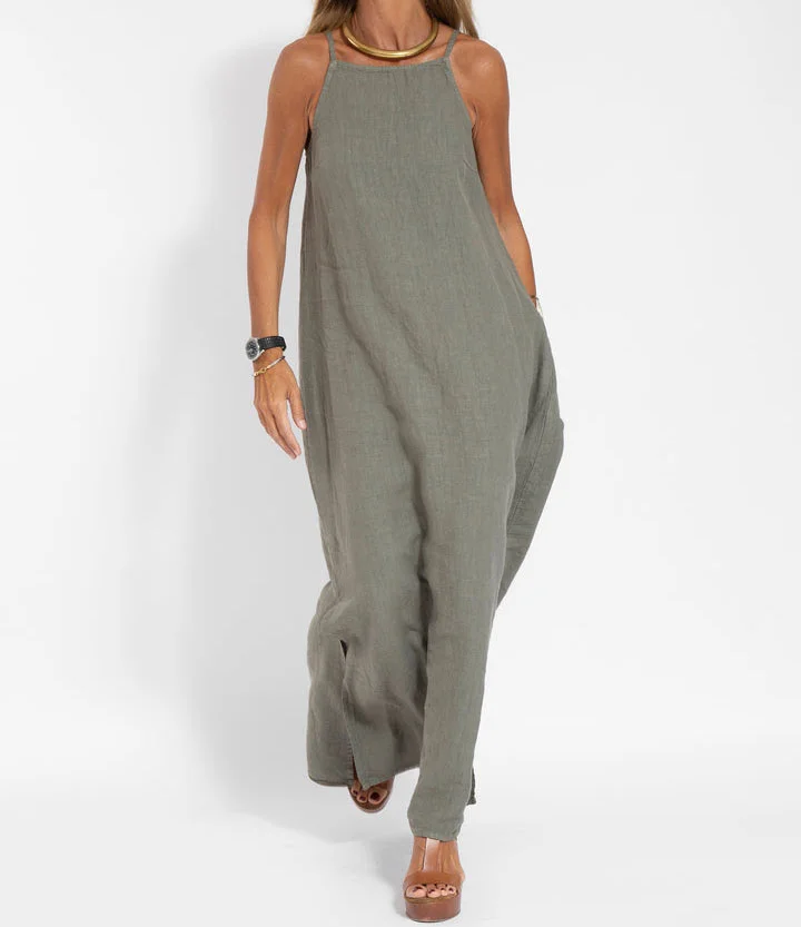 CM | Vestido largo sin mangas de lino y algodón en elegancia monocromática
