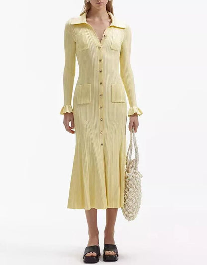 CM | maxi vestido de mujer - tejido de punto - corte sirena - cuello camisero - manga larga - bolsillos