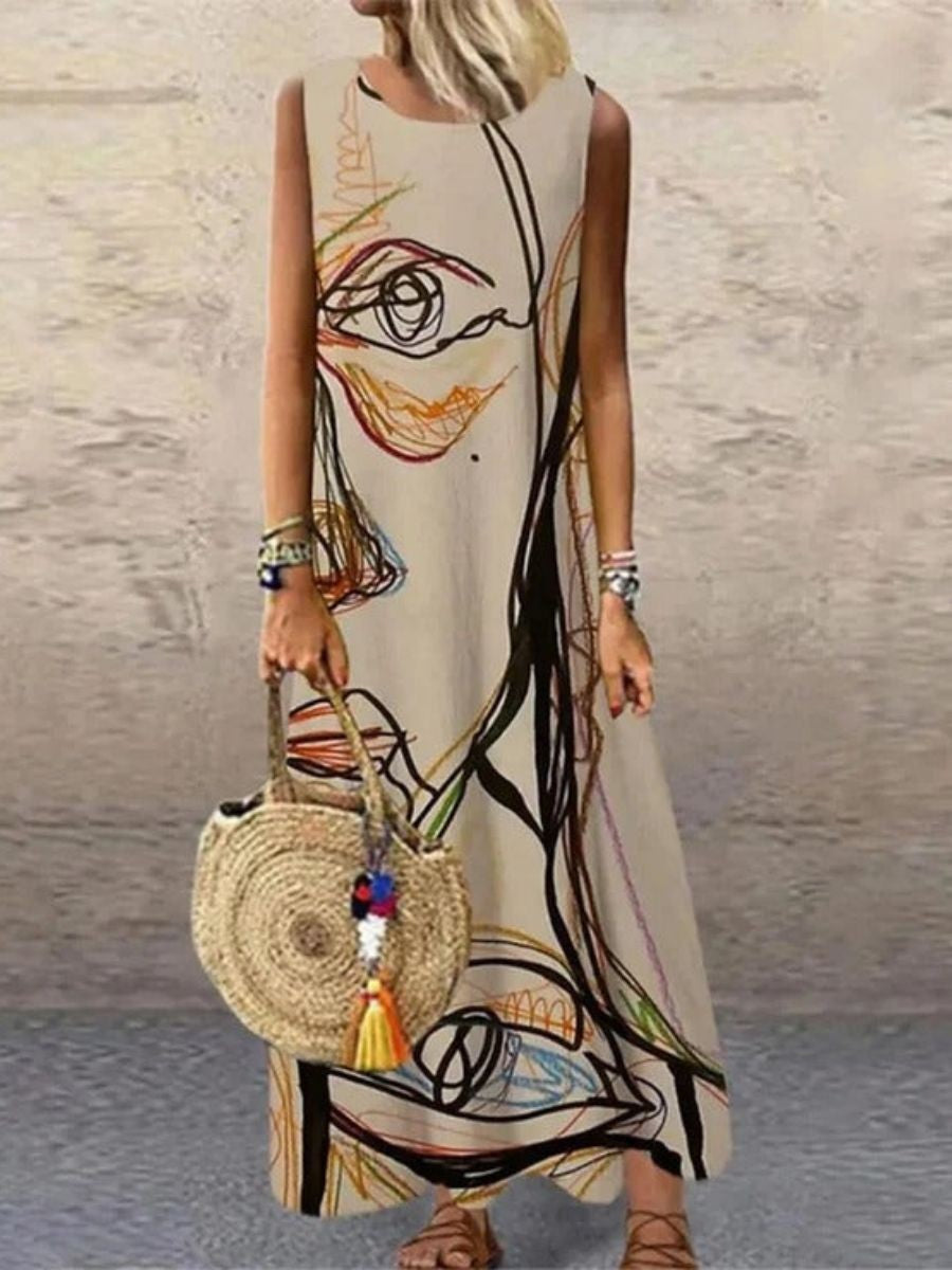 CM | Vestido midi sin mangas de mujer - Estampado abstracto - Corte relajado - Fibras naturales
