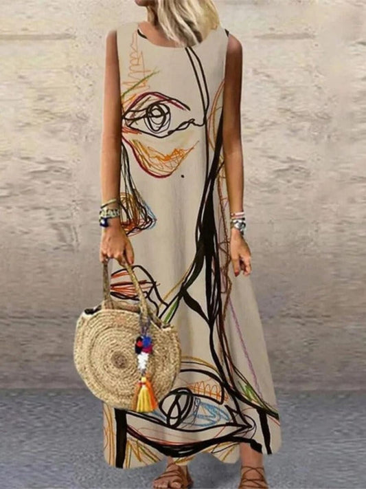 CM | Vestido midi sin mangas de mujer - Estampado abstracto - Corte relajado - Fibras naturales
