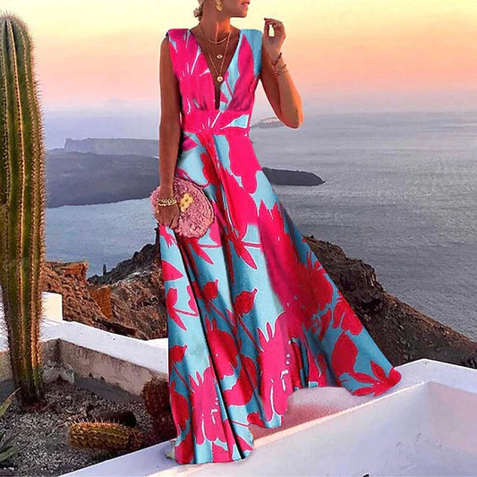 CM | Maxivestido de mujer - Corte vaporoso - Sin mangas - Escote en pico - Atrevido estampado floral - Mezcla transpirable