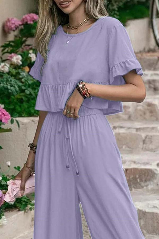 CM | Casual suelto monocolor pantalones de manga corta de pierna ancha conjunto de dos piezas