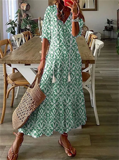 CM | maxi vestido de mujer - estampado floral - material ligero - cuello en V - mangas 3/4 - corte casual