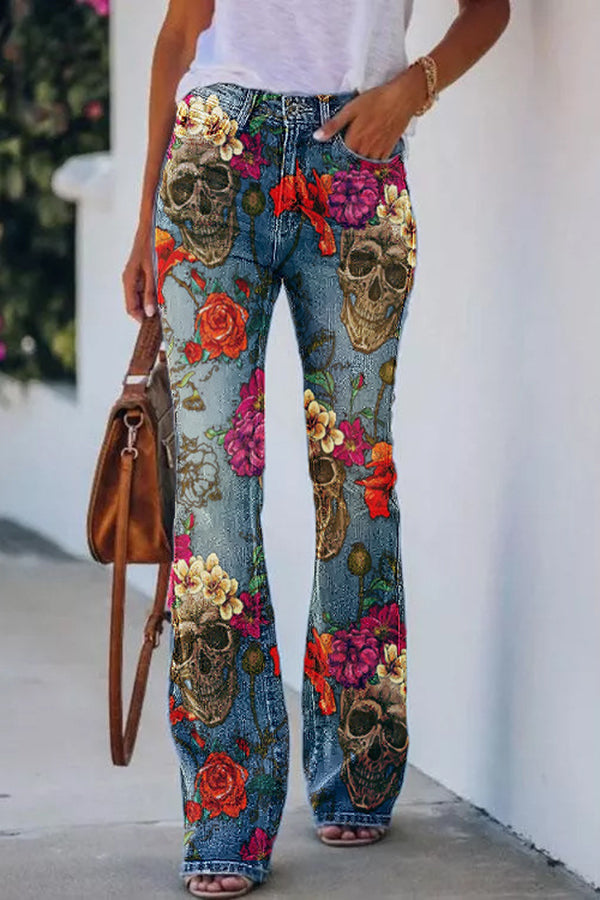 CM | Pantalones acampanados de tiro alto con estampado de imitación