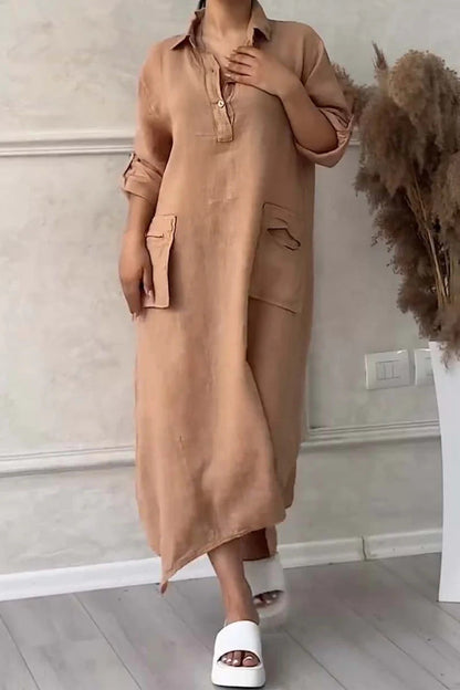 CM | Maxi vestido para mujer en lino y algodón con solapa