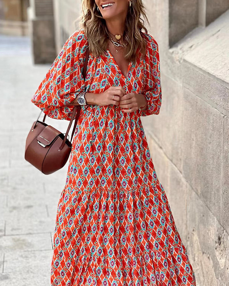 CM | Transpirable manga linterna Floral Imprimir Vestido Largo Suelto Cuello en V Moda Verano Vestido de Playa