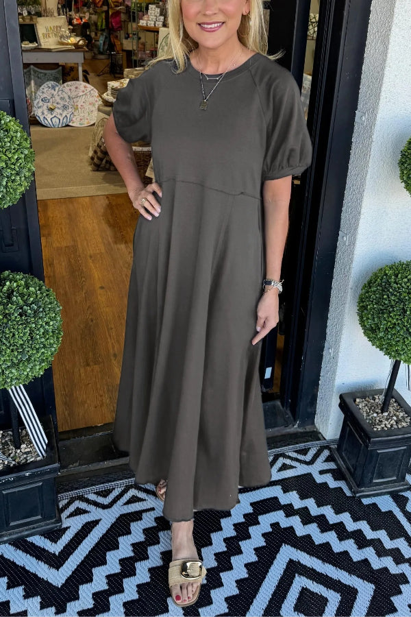 CM | Vestido largo de cuello redondo con mangas abullonadas para mujer