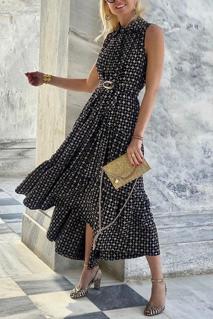 CM | Vestido midi entallado sin mangas con estampado único de solapas