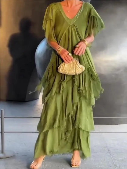 CM | maxi vestido fruncido de manga corta y cuello en V