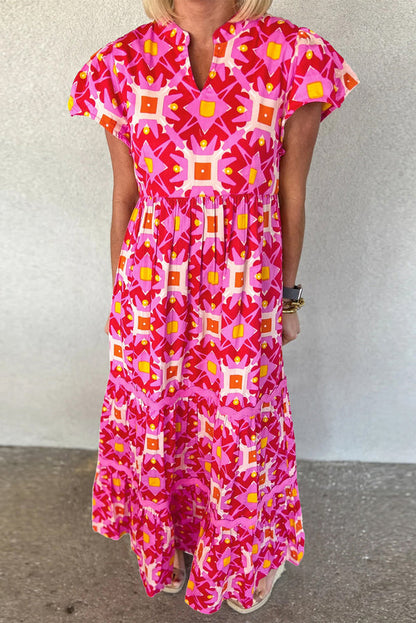 CM | Strawberry Pink Maxi vestido plisado con mangas volantes y estampado abstracto