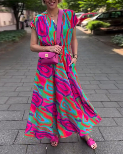 CM | Vestido largo con estampado de colores, escote en V y mangas raglán