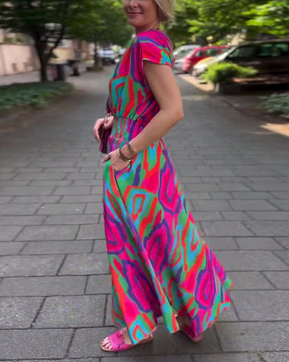 CM | Vestido largo con estampado de colores, escote en V y mangas raglán