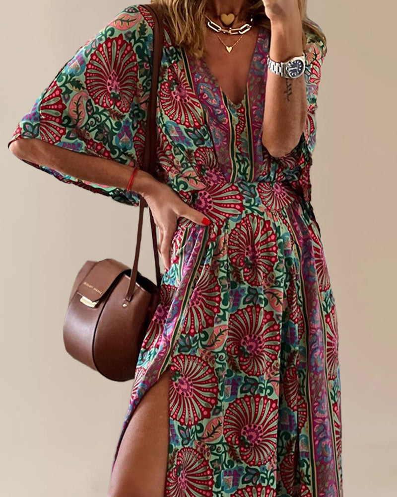 CM | Bohème Print Vestido Cuello en V Elegante Vestido Largo con Escote al Tobillo
