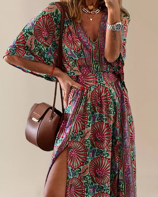 CM | Bohème Print Vestido Cuello en V Elegante Vestido Largo con Escote al Tobillo
