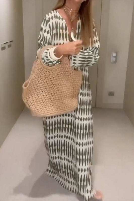 CM | Mangas Largas Estampado Suelto Cuello en V Maxi Vestidos