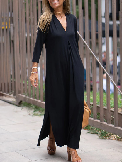 CM | Vestido casual, monocromático y cómodo con escote en V