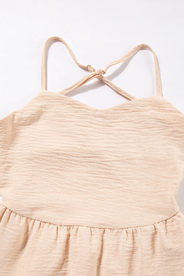 CM | Vestido cruzado en color avena con corpiño sin espalda y maxi vestido con capas