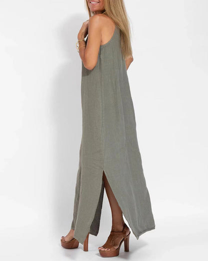 CM | Vestido casual espagueti sin mangas con abertura lateral maxi vestido