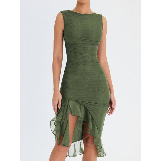 CM | Elegante vestido midi sin espalda con volantes