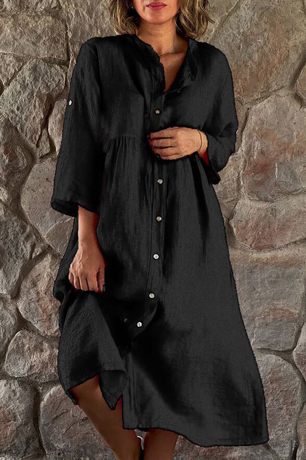 CM | algodón lino color sólido casual stand cuello botón vestido largo