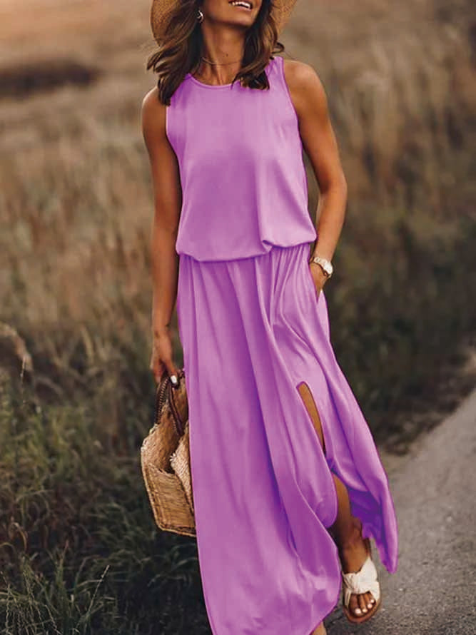 CM | Holiday Solid Cuello Redondo Vestido Largo Tejido WO119