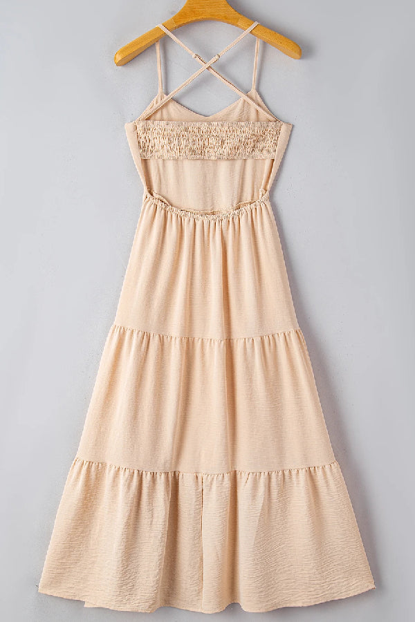 CM | Vestido cruzado en color avena con corpiño sin espalda y maxi vestido con capas