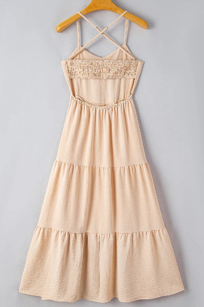 CM | Vestido cruzado en color avena con corpiño sin espalda y maxi vestido con capas