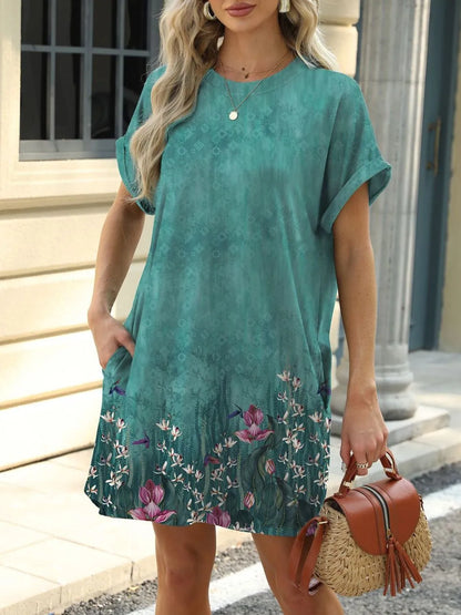 CM | Mini vestido manga corta cuello redondo estampado