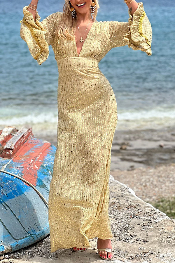 CM | Mesmerising Sight Tejido de lentejuelas Manga campana Maxi Vestido sin espalda