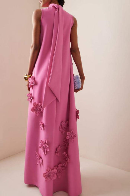 CM | Maxivestido de mujer - Tejido sedoso - Corte relajado - Aplique floral 3D - Escote alto