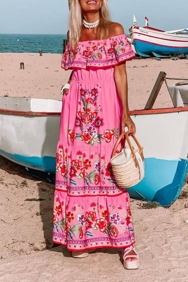 CM | Vestido largo estampado con hombros al aire