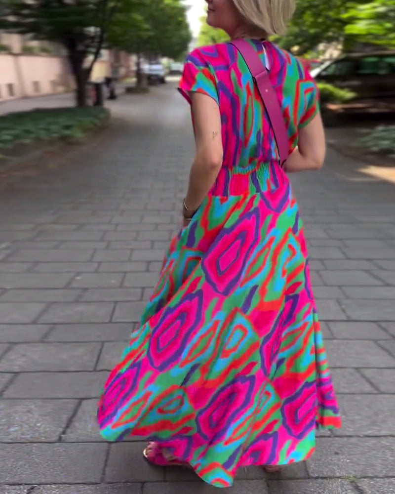 CM | Vestido largo con estampado de colores, escote en V y mangas raglán
