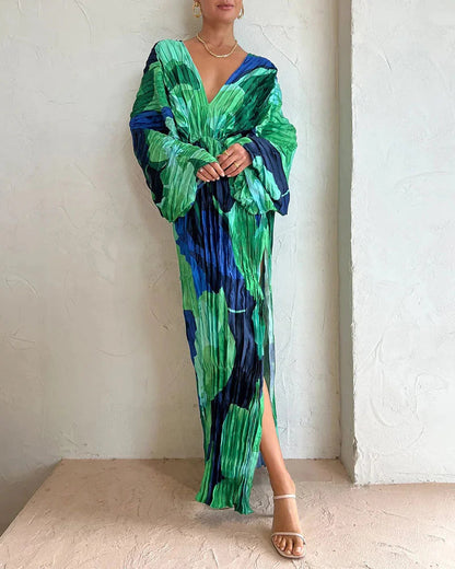 CM | Casual Manga Larga Plisado Vestido Largo Suelto Profundo Cuello V Vacaciones Playa Cover Ups