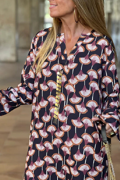 CM | Mujeres Moda Impreso V-Cuello Manga Larga Maxi Vestido