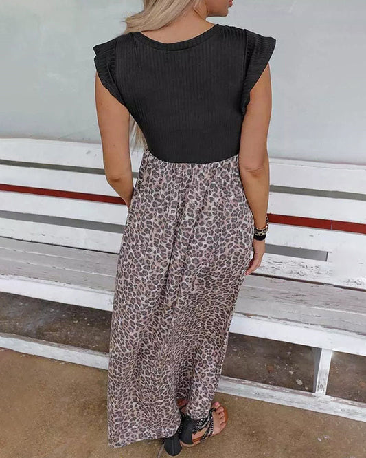 CM | Negro Leopardo Costura Vestido Largo Verano Cintura Adelgazar Maxi Vestido