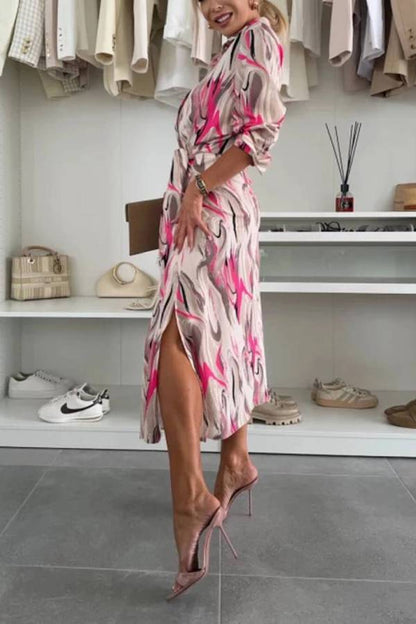 CM | Elegant Ease Vestido Midi de Raso Estampado con Cintura